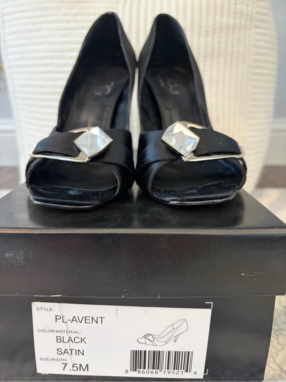 BCBG Black Satin Open-Toe Heels with Silver Faceted Gem Accent